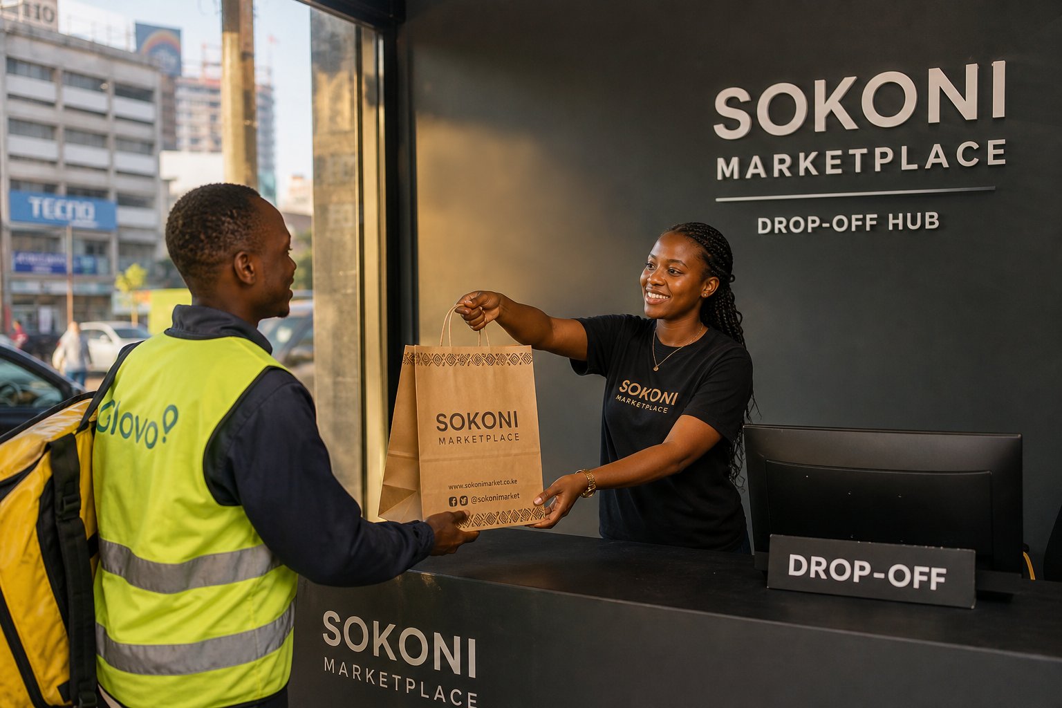 Staff at a Sokoni drop-off hub handing a branded bag to a courier