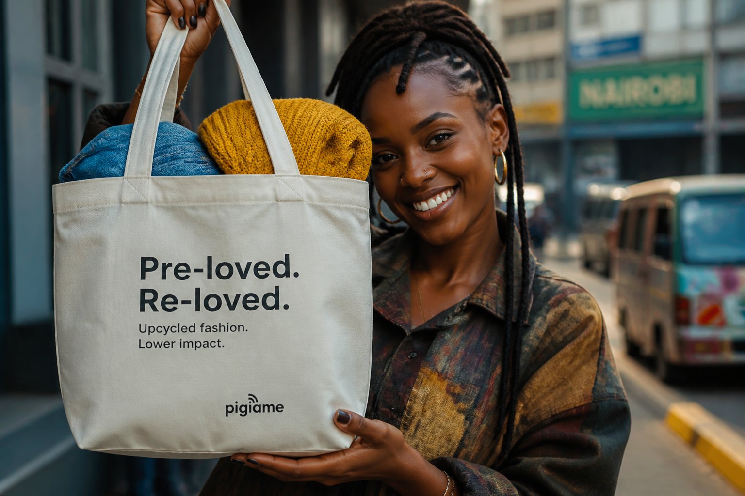 Buyer with a tote of pre-loved fashion on a Nairobi street