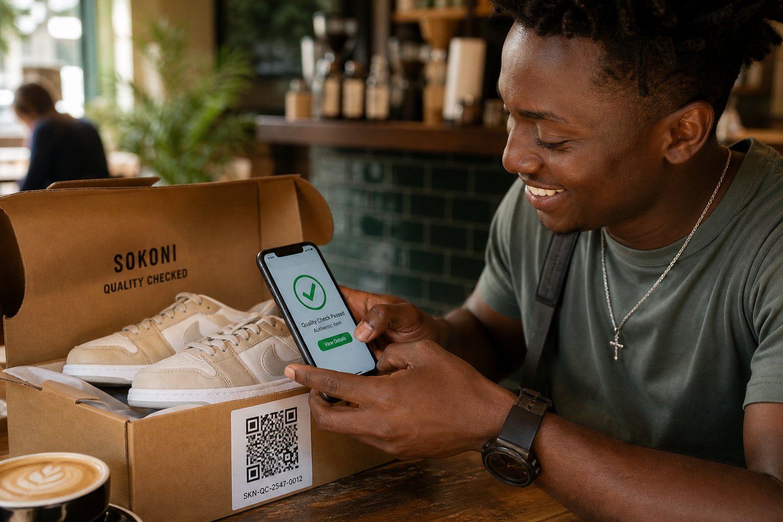 Buyer scanning a QR code while unboxing pre-loved sneakers at a Nairobi coffee shop