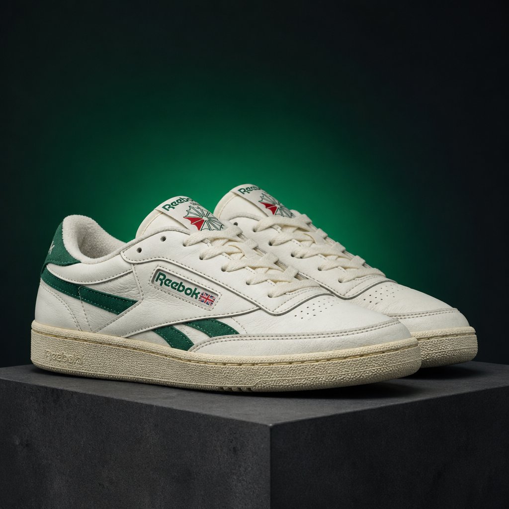 Vintage streetwear sneakers on a dark studio podium