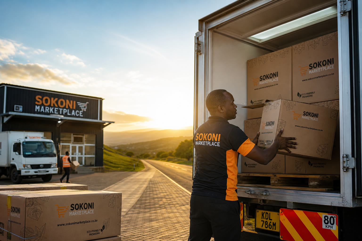 Courier loading Sokoni Marketplace boxes onto a transport vehicle at a Kenyan parcel depot