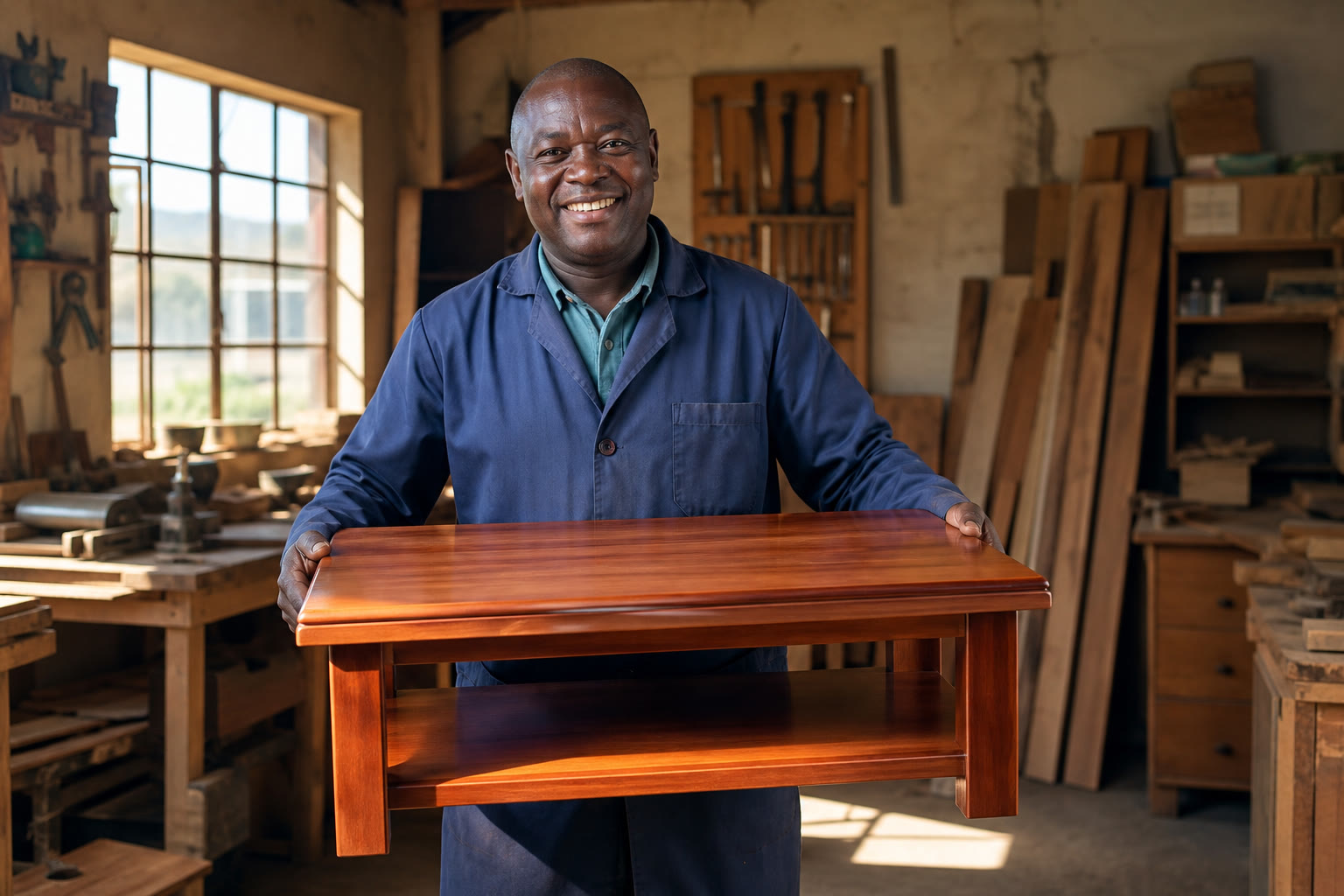 Kenyan craftsman in a woodwork shop holding a finished wooden coffee table
