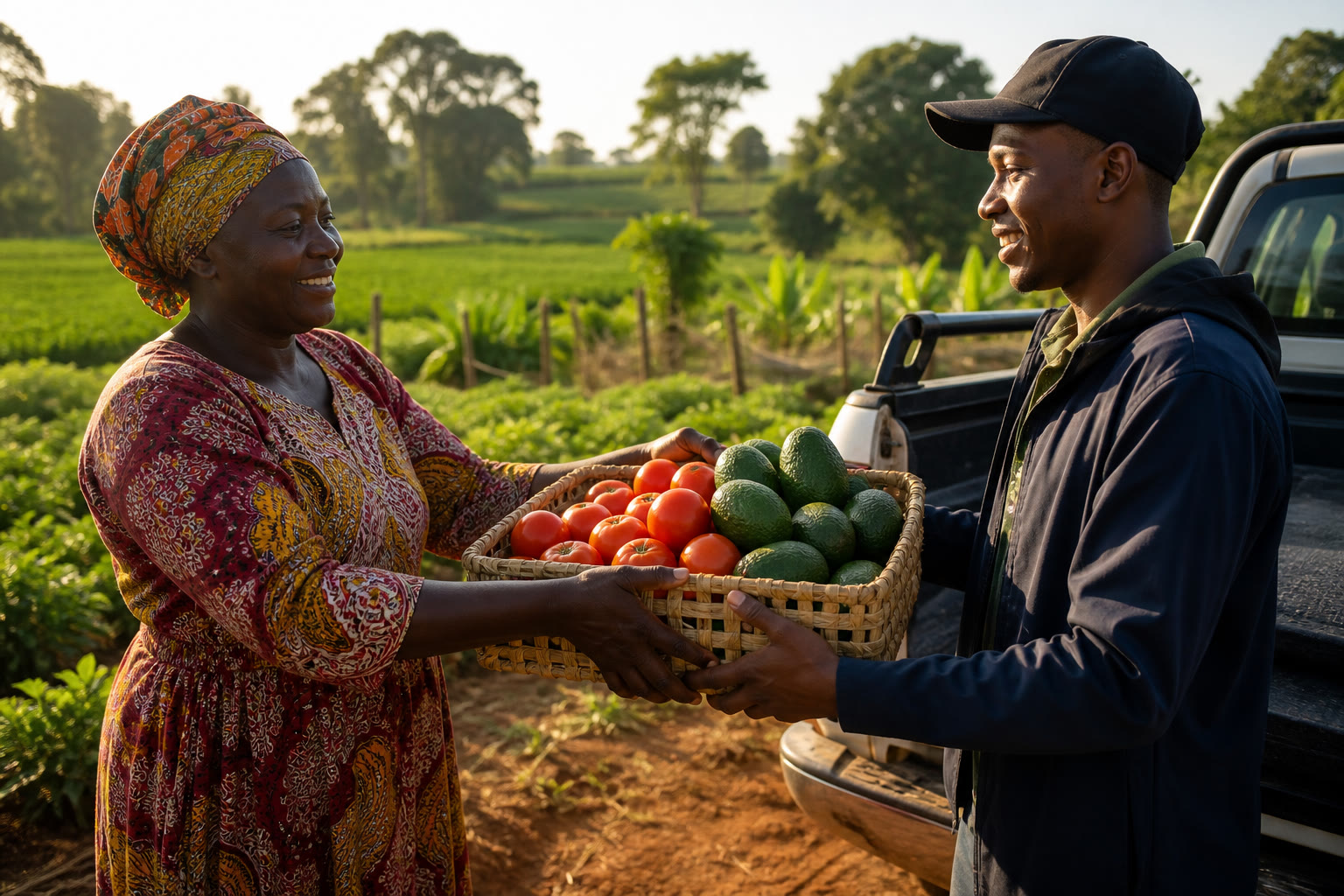 Kenyan farmer handing a crate of fresh tomatoes and avocados to a courier beside a pickup truck