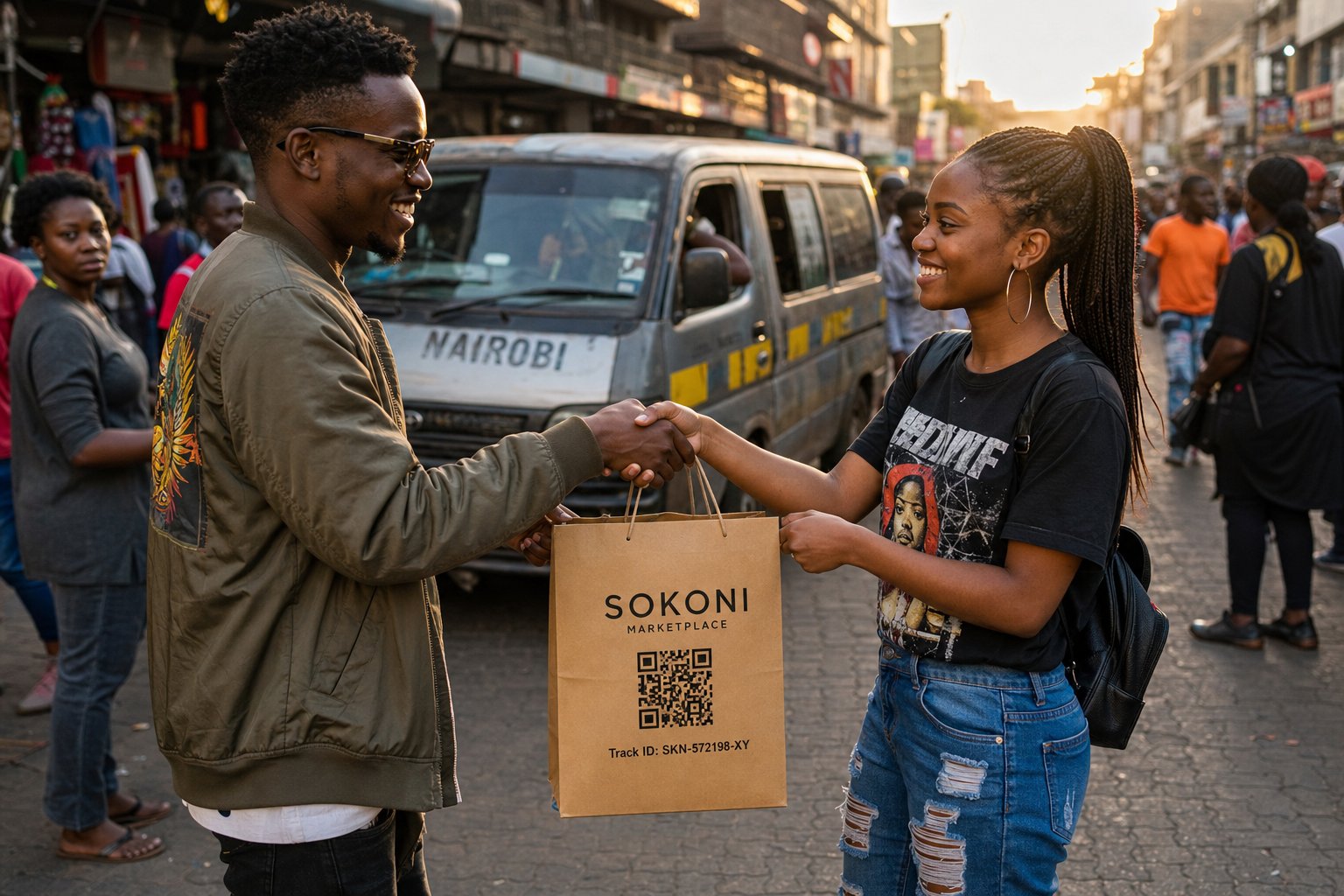Seller and buyer shaking hands over a Sokoni Marketplace bag with Track ID SKN-572198-XY on a Nairobi street